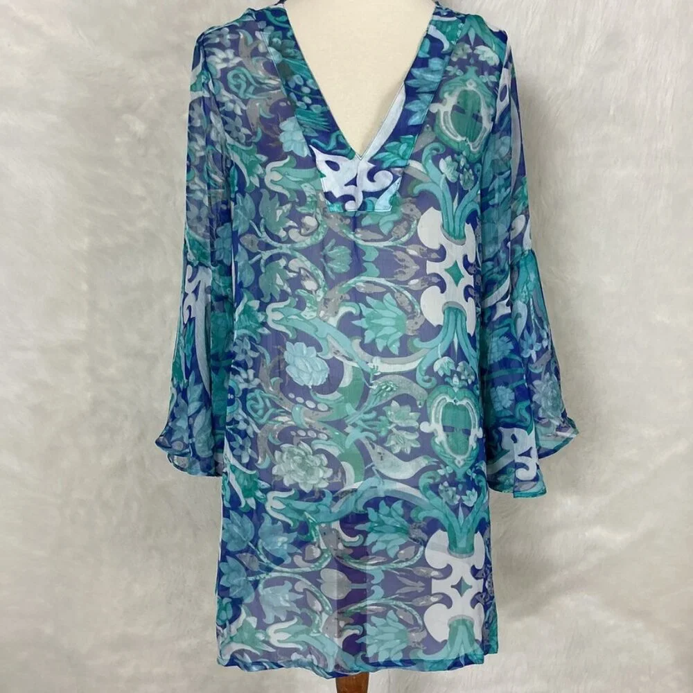 Antica Sartoria Sheer Blue Floral Bird Beach Coverup NWT One Size